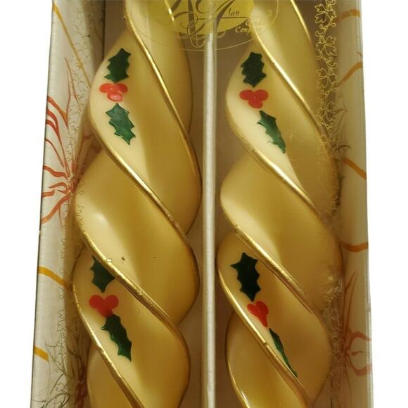Robert Alan Candle Co Swirl Feather Taper Set Holly Decal On Ivory / Gold Trim - Picture 6 of 6